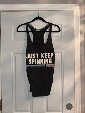 PINK Grey Racerback Tank - "Just Keep Spinning"
